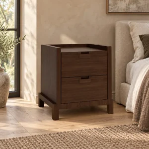 Walnut Veneer Two-Drawer Nightstand with Recessed Pulls in walnut — front view