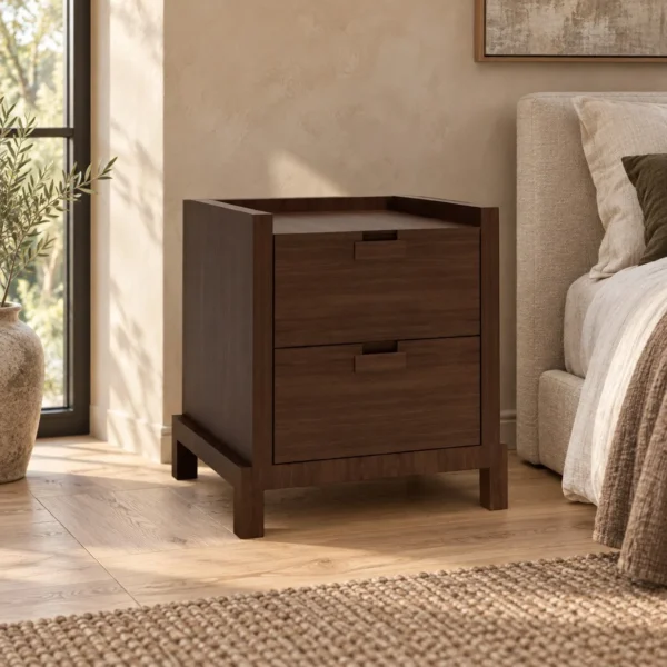 Walnut Veneer Two-Drawer Nightstand with Recessed Pulls in walnut — in a room setting