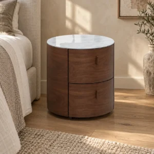 Round Walnut Nightstand with Marble Top in walnut — front view