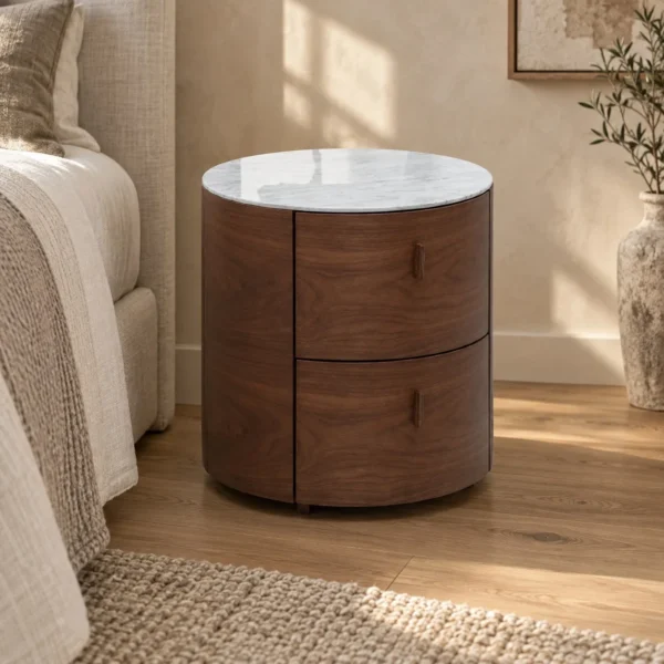 Round Walnut Nightstand with Marble Top in walnut — in a room setting