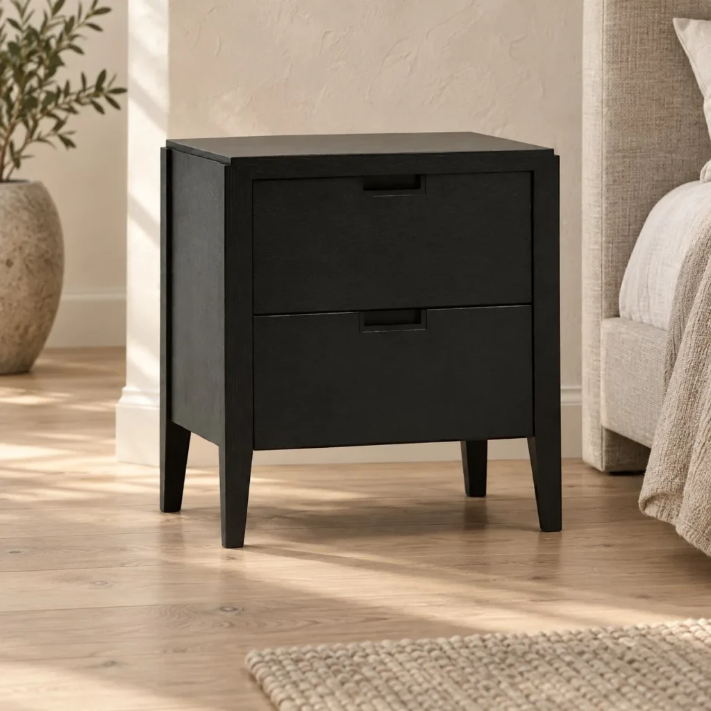 Black Veneer Two-Drawer Nightstand on Tapered Legs in black — front view