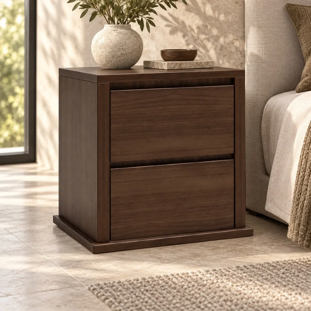 Dark Walnut Two-Drawer Nightstand with Plinth in walnut — front view