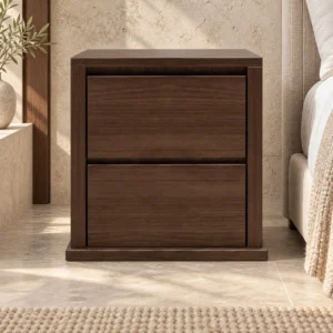 Dark Walnut Two-Drawer Nightstand with Plinth in walnut — in a room setting
