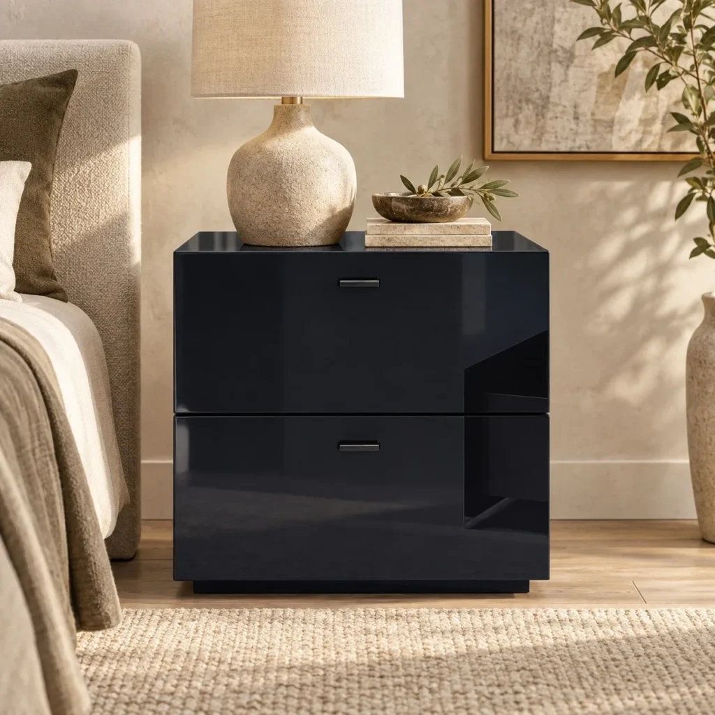 Black Gloss Two-Drawer Nightstand in black — front view