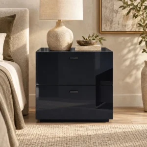 Black Gloss Two-Drawer Nightstand in black — front view