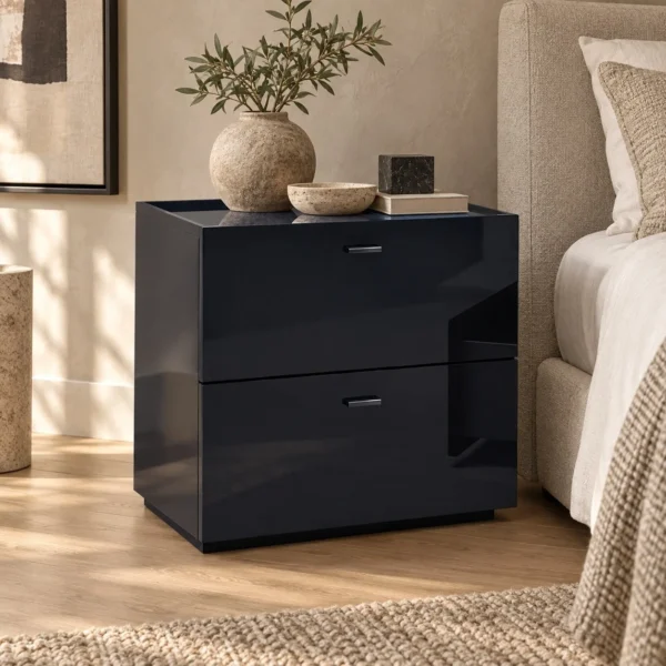 Black Gloss Two-Drawer Nightstand in black — in a room setting
