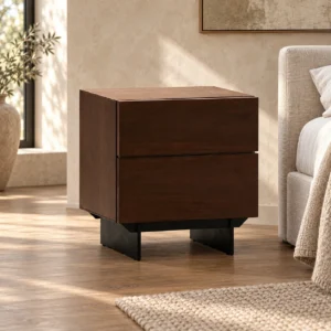 Dark Walnut Two-Drawer Nightstand on Metal Base in walnut — front view