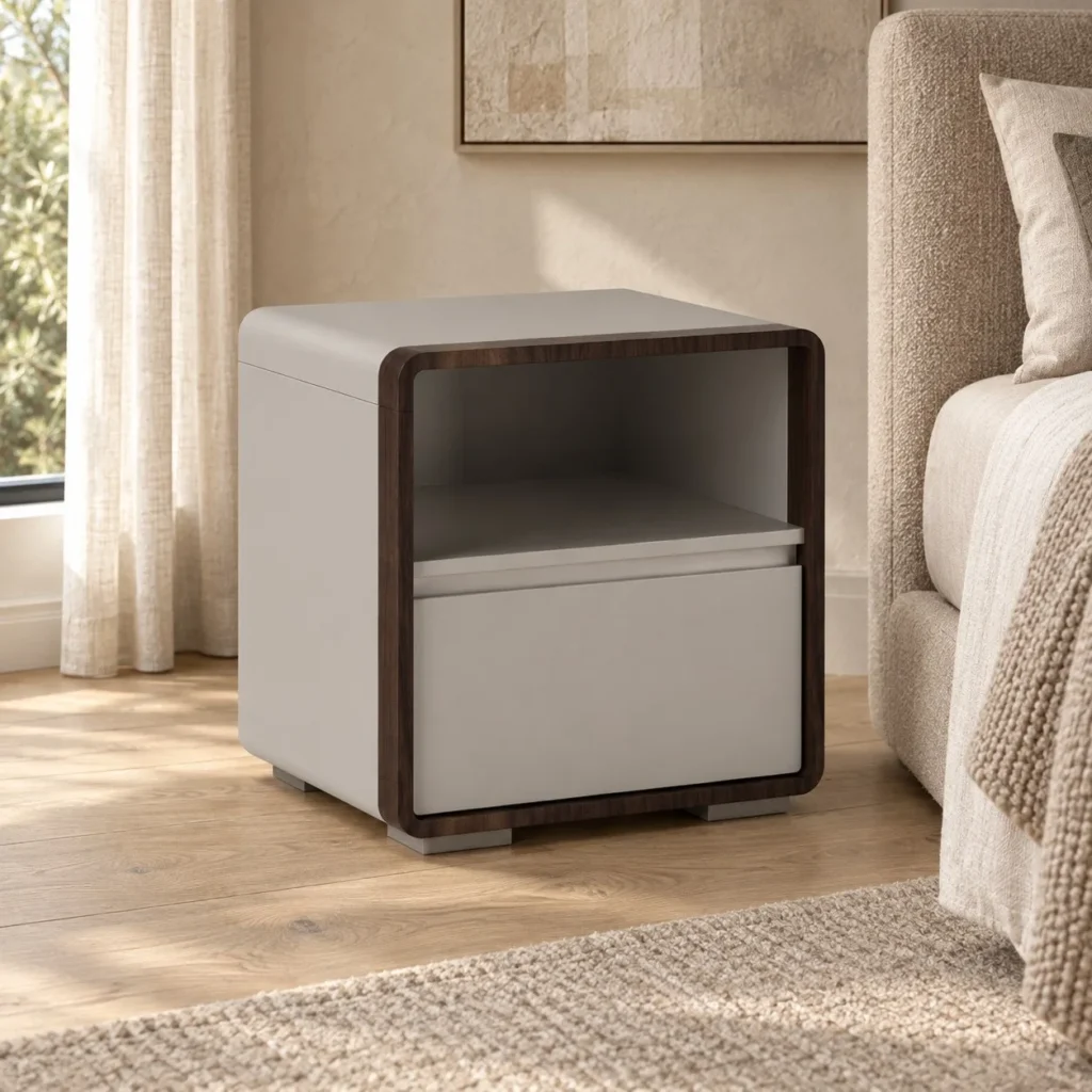 Rounded Grey Lacquer Nightstand with Walnut Edge in slate — front view