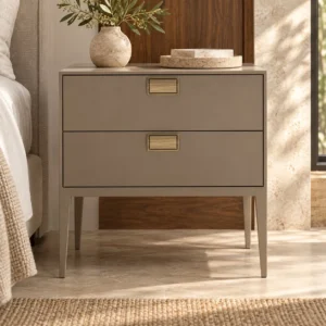 Taupe Lacquer Two-Drawer Nightstand in sand — front view