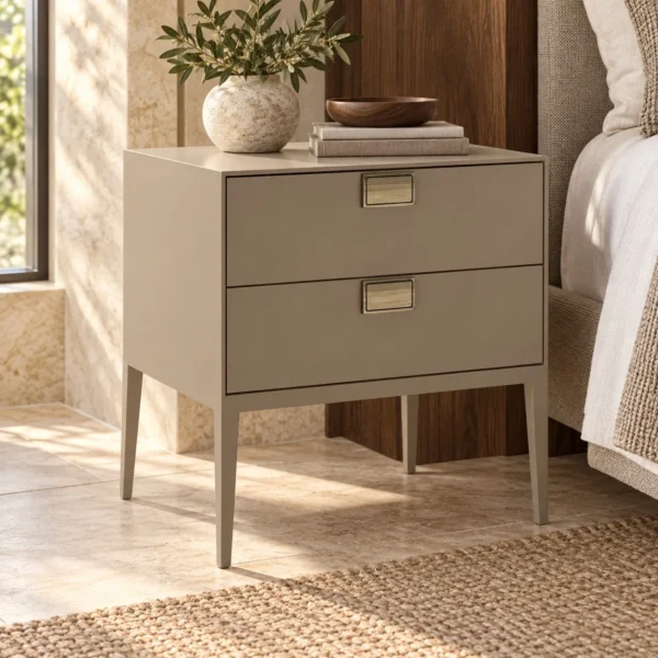Taupe Lacquer Two-Drawer Nightstand in sand — in a room setting