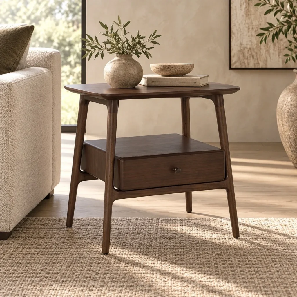 Walnut Veneer Side Table with Drawer and Splayed Legs in walnut — front view
