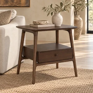 Walnut Veneer Side Table with Drawer and Splayed Legs in walnut — in a room setting