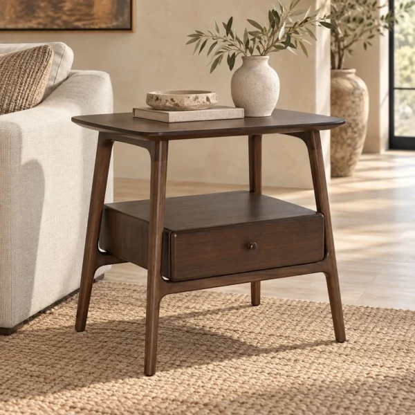 Walnut Veneer Side Table with Drawer and Splayed Legs in walnut — in a room setting