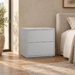 Light Grey Lacquer Two-Drawer Nightstand in slate — front view