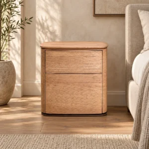 Rounded Oak Veneer Two-Drawer Nightstand in natural oak — front view