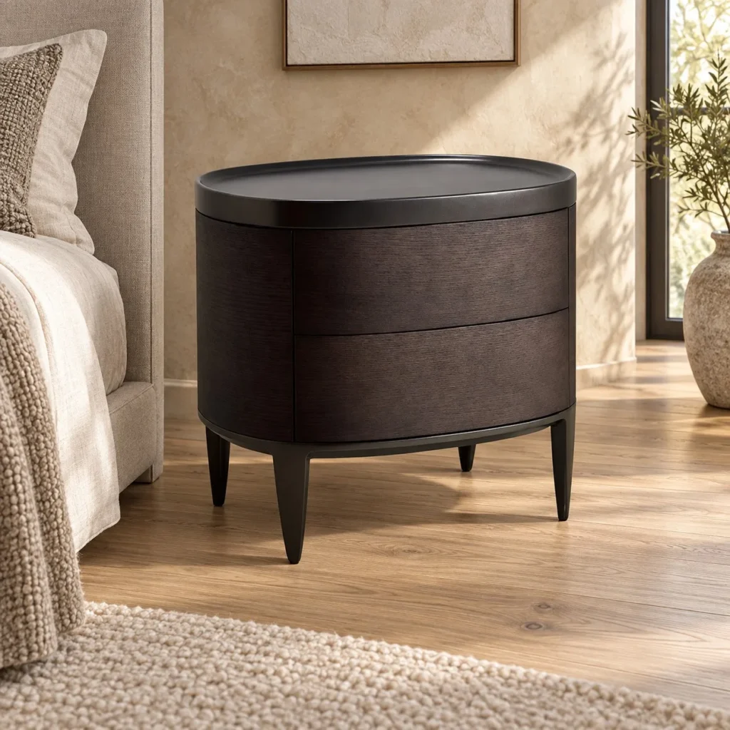 Oval Dark Veneer Nightstand with Tray Top on Tapered Legs in clay — front view