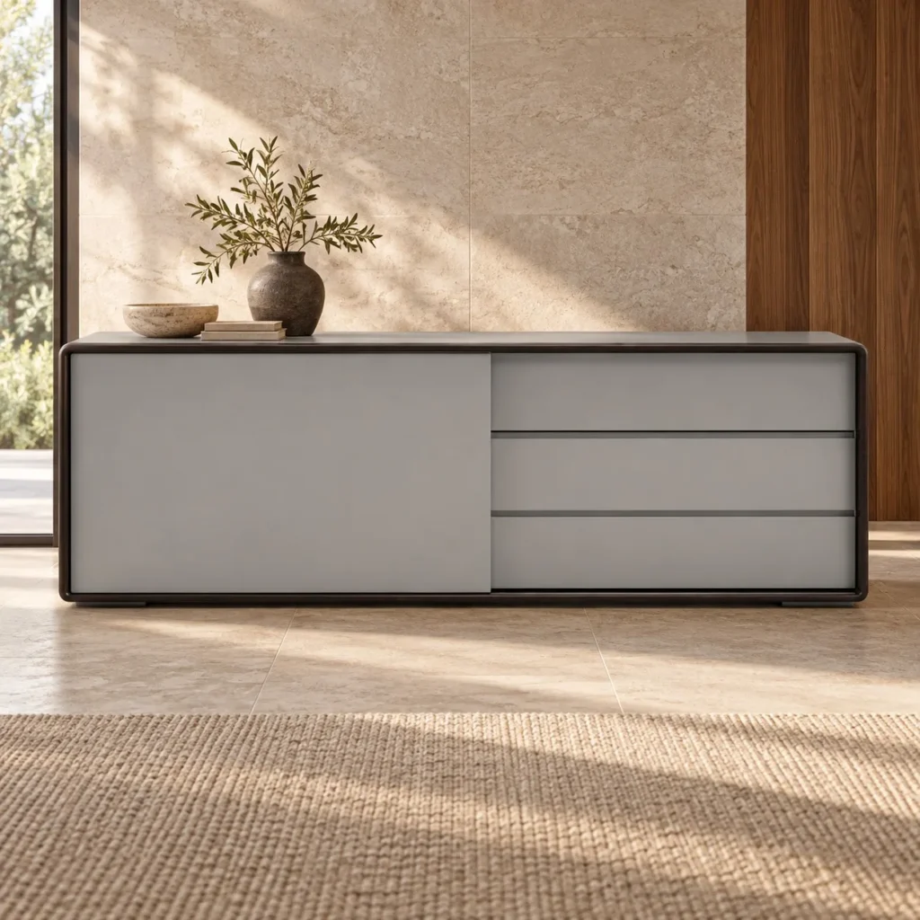 Light Grey Lacquered TV Cabinet in slate — front view