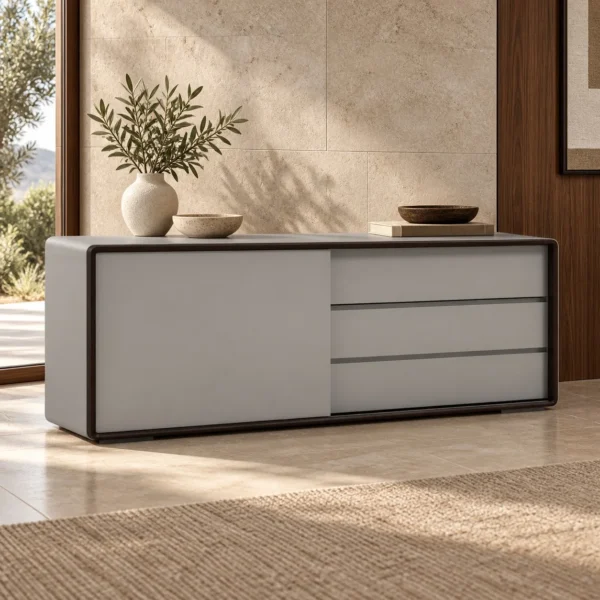 Light Grey Lacquered TV Cabinet in slate — in a room setting