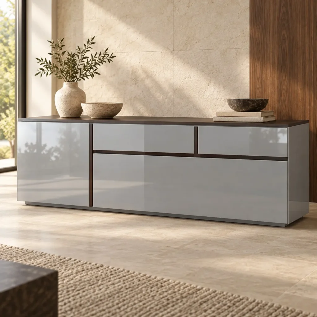 Light Grey High-Gloss TV Cabinet in slate — front view