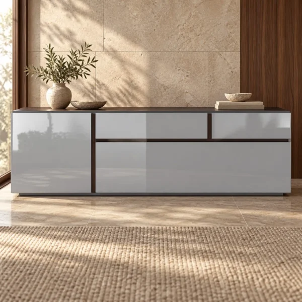 Light Grey High-Gloss TV Cabinet in slate — in a room setting