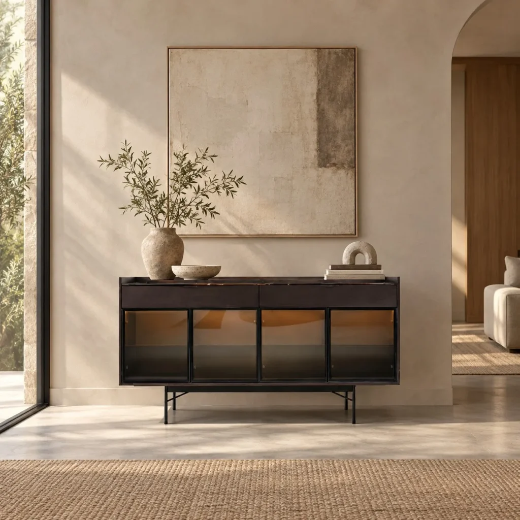 Cyrus Dark Wood Sideboard with Glass Doors on Metal Frame in black — front view