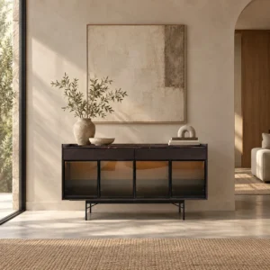 Cyrus Dark Wood Sideboard with Glass Doors on Metal Frame in black — front view