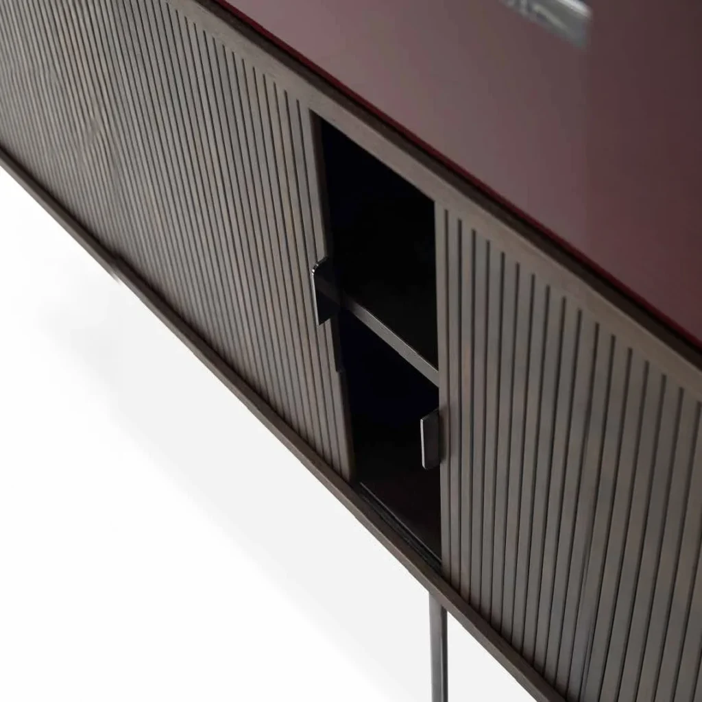 Sliding Fluted Door Sideboard in Charcoal with Burgundy Top — front view