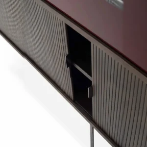 Sliding Fluted Door Sideboard in Charcoal with Burgundy Top — front view