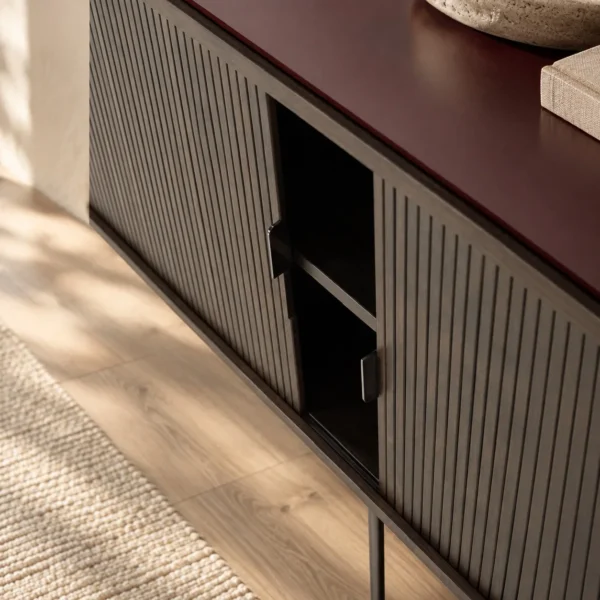 Sliding Fluted Door Sideboard in Charcoal with Burgundy Top — in a room setting