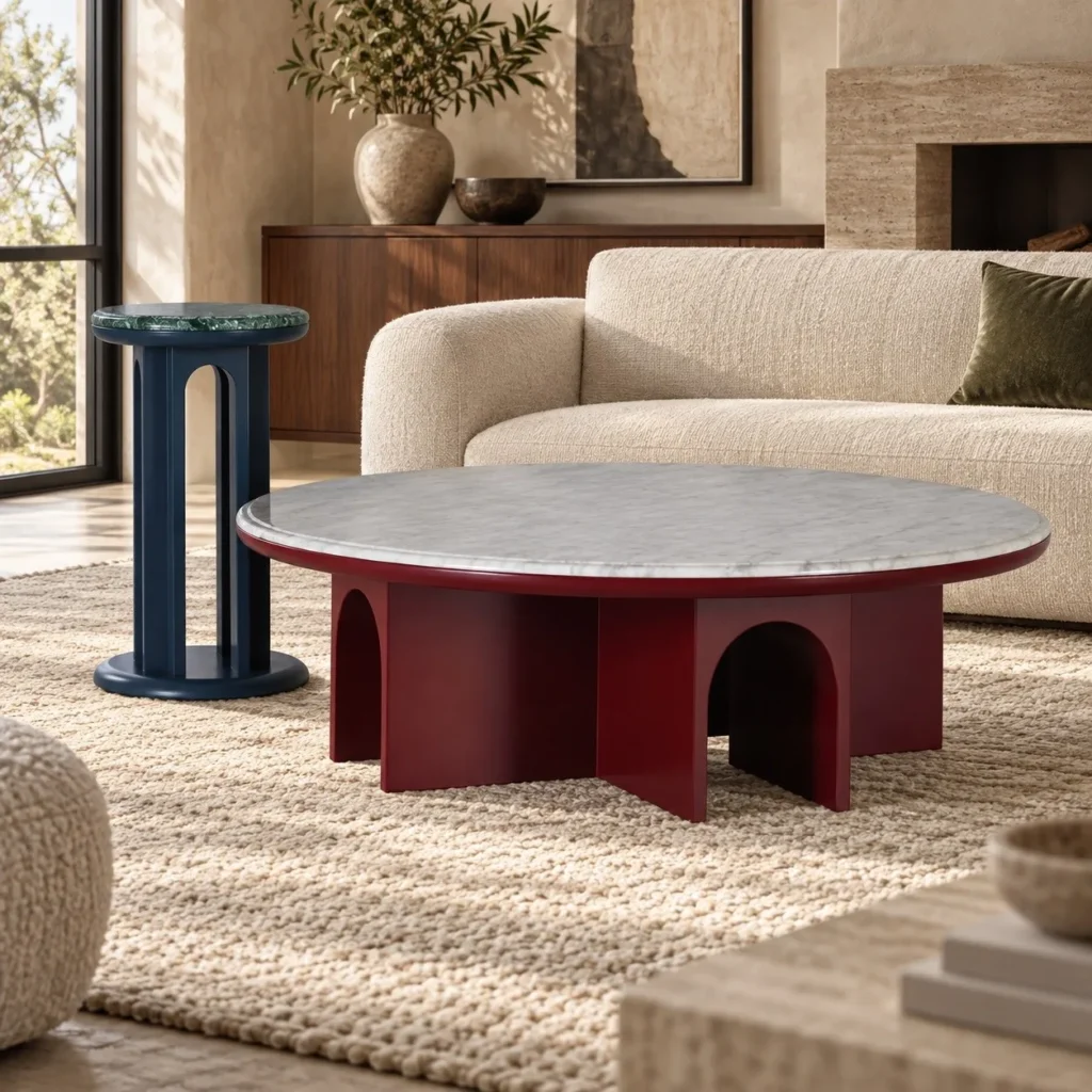 Round Stone Top Coffee Table in burgundy — front view