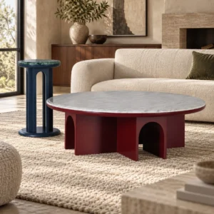 Round Stone Top Coffee Table in burgundy — front view