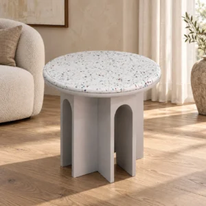 Terrazzo Top Side Table on Arched Lacquered Base, 50 cm in slate — front view