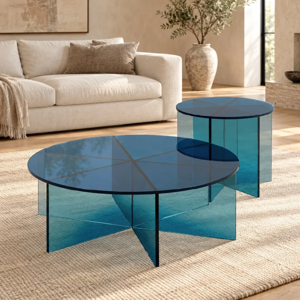 Blue Acrylic Coffee Table Set of 2, 80 and 45 cm in blue — front view