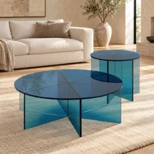 Blue Acrylic Coffee Table Set of 2, 80 and 45 cm in blue — front view
