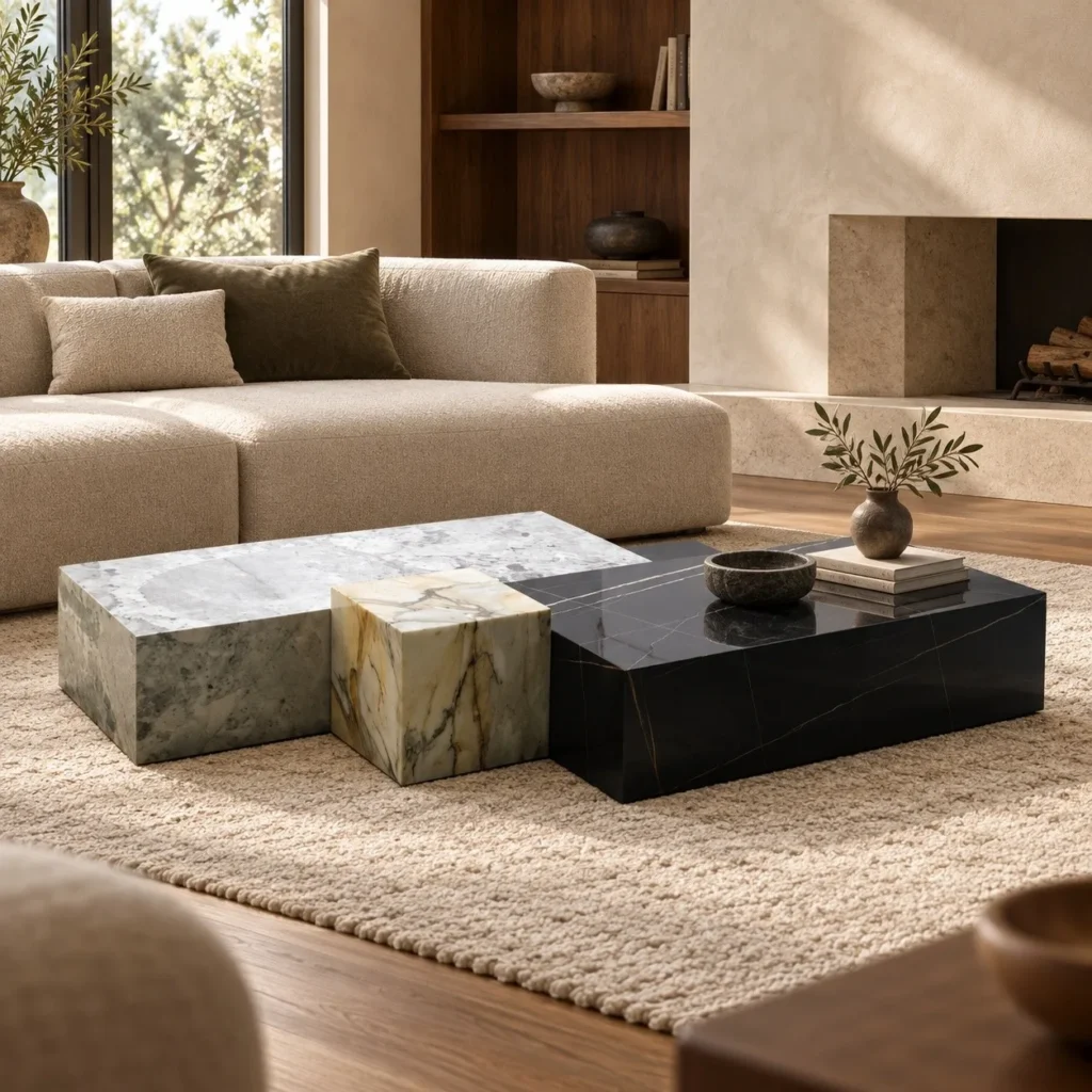 Marble Block Coffee Table Set of 4 in Green, Cream and Black — front view