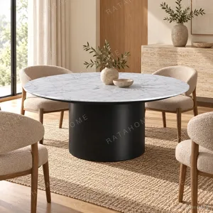 Round White Marble Coffee Table in ivory — in a room setting