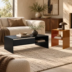 Black and Orange Lacquer Coffee Table Set, 135 and 50 cm in black — front view