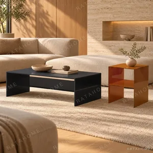 Black and Orange Lacquer Coffee Table Set, 135 and 50 cm in black — in a room setting