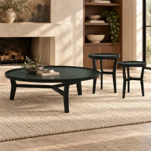 Dark Green Veneer Round Table Set of 3, 42 to 110 cm in olive — front view