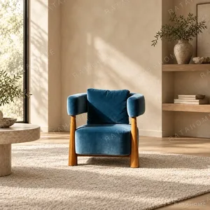 Fuwosi Teal Velvet Armchair with Curved Arms on Wood Frame in blue — in a room setting