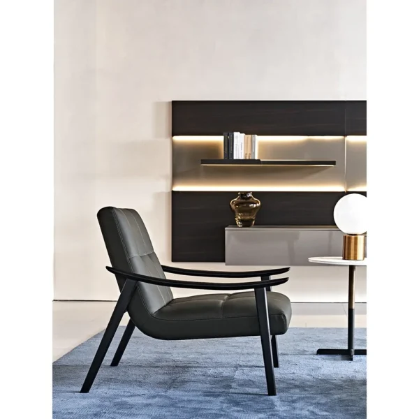 Fynn Black Ash Lounge Chair in Caramel Microfibre Leather — in a room setting