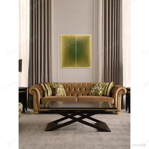 Garden Cut-Velvet Chesterfield Sofa with Botanical Cushions in clay — in a room setting