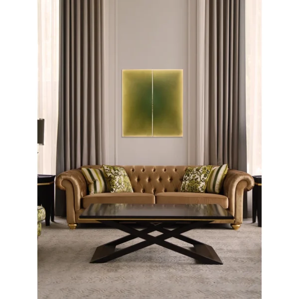 Garden Cut-Velvet Chesterfield Sofa with Botanical Cushions in clay — in a room setting
