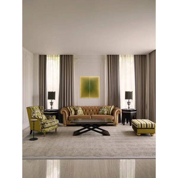 Garden Cut-Velvet Chesterfield Sofa with Botanical Cushions in clay — in a room setting