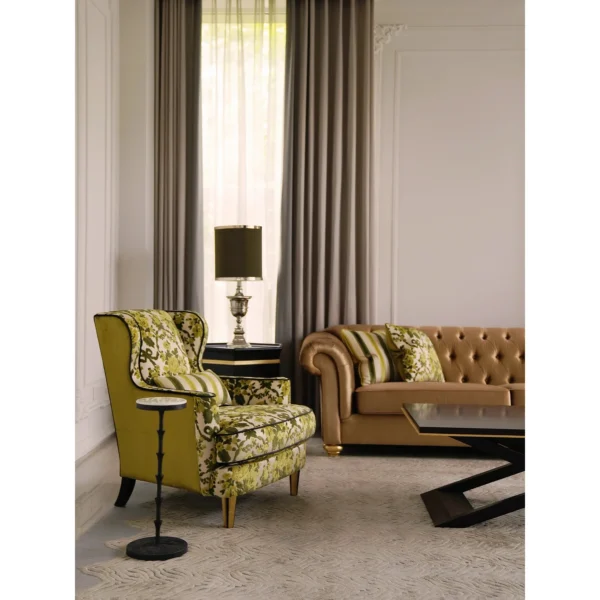 Garden Cut-Velvet Chesterfield Sofa with Botanical Cushions in clay — in a room setting
