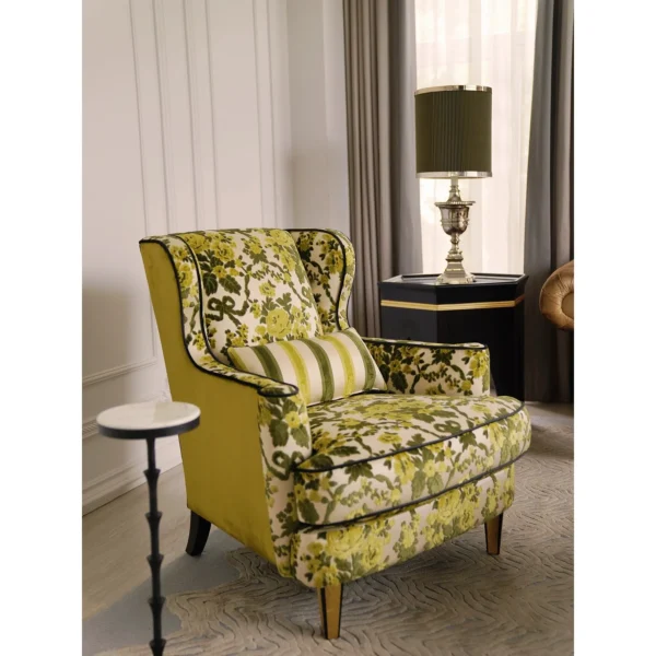 Garden Cut-Velvet Chesterfield Sofa with Botanical Cushions in clay — in a room setting