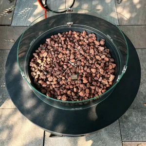 Round Gas Fire Pit Table with Lava Rock and Glass Screen in black — front view