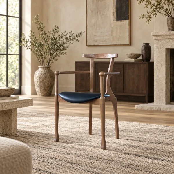 Ash Sculptural Armchair with Saddle Leather Seat, 55 cm in walnut — in a room setting