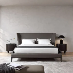 Gentleman High-Back Leather Bed with Wrapped Headboard in slate — front view