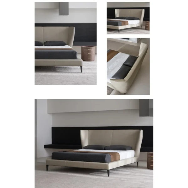 Gentleman High-Back Leather Bed with Wrapped Headboard in slate — in a room setting